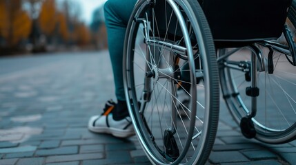 Close-up of a wheelchair on a paved path ready for a marathon concept of sport  