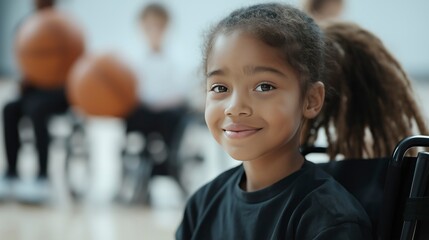 Young girl in wheelchair smiling during adaptive basketball program  