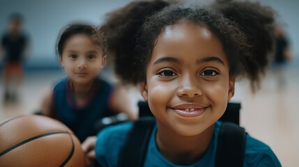 Close-up of a group of 3 children in adaptive sports program  
