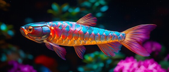 Fototapeta premium Colorful fish swims among vivid underwater plants in an aquarium setting