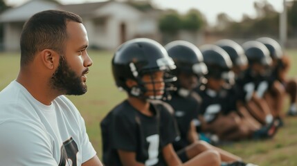 Coach giving instructions to youth football team sitting on grass  
