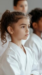Young girl practicing martial arts in a gym, focused on her stance  