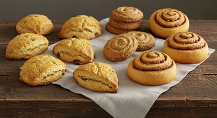 Fototapeta premium Assortment of Freshly Baked Pastries Displayed on Rustic Wooden Surface Close Up Shot Showcasing Variety of Flavors and Textures Ideal for Dessert Concepts
