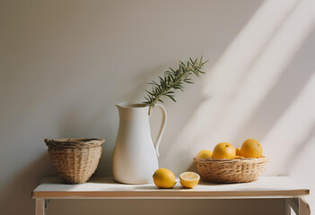 still life with bowl, vase and fruits