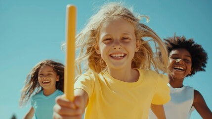 Three girls running with baton in relay race at school sports day  