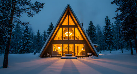 Warmth And Light Radiating From A-Frame Cabin In A Snowy Forest