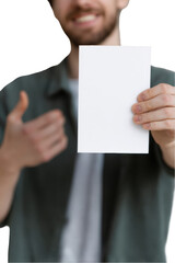 Obraz premium Man Holding Blank White Card Isolated on Transparent Background On Transparent Background