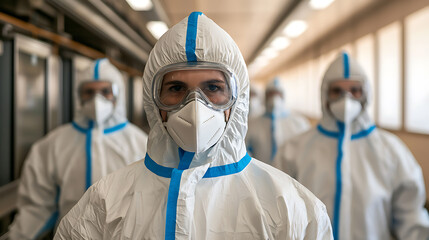Healthcare workers in protective gear. Team of medical personnel ready for action, wearing safety suits and masks. Frontline heroes in the fight against disease.