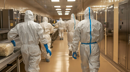 Hazmat team working in facility. People wearing protective suits walking in a row with protective equipment in a sterile, clean environment.