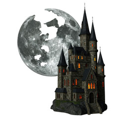Gothic castle under full moon isolated on transparent background