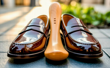 A close-up photograph of polished brown leather penny loafers on a dark surface