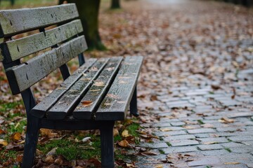 Rain soaked bench in a quiet park during fall