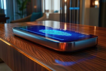 A futuristic fingerprint scanner embedded in a sleek device, displayed on a wooden table.
