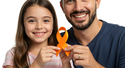 Father and daughter holding an orange ribbon symbolizing leukemia awareness, on a white background representing hope, support and solidarity for a cause