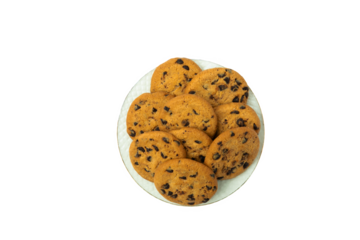 Chocolate chip cookies on plate, top view, isolated on a transparent background