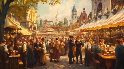 A bustling fairground scene, filled with people and colorful stalls.
