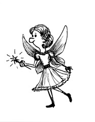 Black and white drawing: little funny fairy with a magic wand