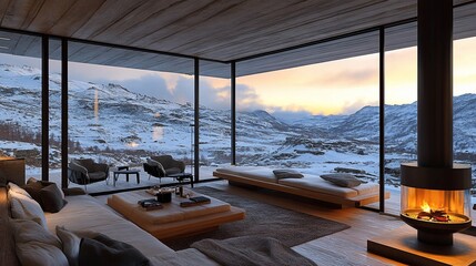 Fototapeta premium Cozy modern living room with fireplace & snowy mountain view