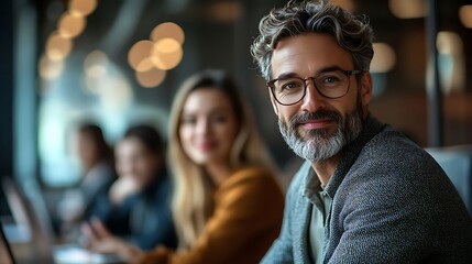 Confident Business Leader: A close-up shot of a distinguished middle-aged business leader, exuding confidence and poise, surrounded by his focused team in a modern office environment.