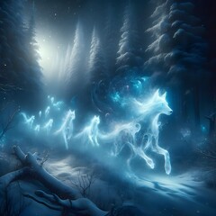 Glowing Spirit Wolves in a Snowstorm