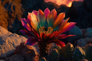 Vibrant sunset illuminates a breathtaking cactus flower in a desert landscape.