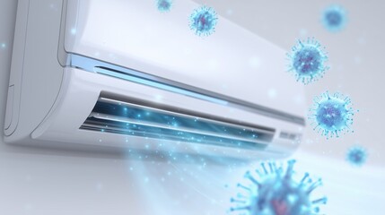 Air conditioner with filtering action against bacteria. Technology for clean air and virus removal. Clean environment and healthcare concept.