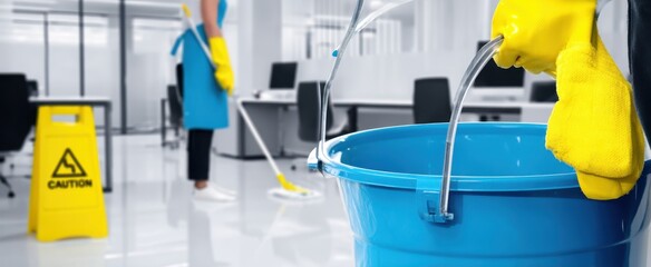 The blue bucket and mop in a modern office cleaning environment
