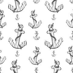Wooden, striped anchors of coral and yellow color with rope. Watercolor illustration. Seamless pattern on a white background from the SEA FISHING collection. For fabric, textiles, wallpaper, paper