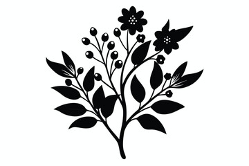 Floral Arrangement Silhouette Featuring Blossoms, Berries, and Leaves Isolated for Design Needs