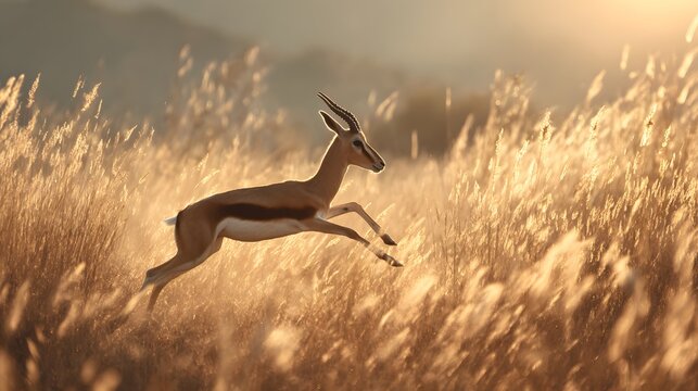 A springbok leaps through golden tall grass bathed in warm sunlight in a captivating landscape.