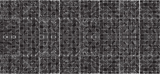 Black and white tileable pattern. Grunge worn damask pattern design. Distressed fabric texture. Overlay texture design. Vector illustration. 