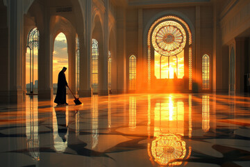 Person walking through a large building with clock.