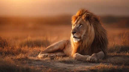 A stunning shot of a male lion resting peacefully during a golden sunset on the african savanna.