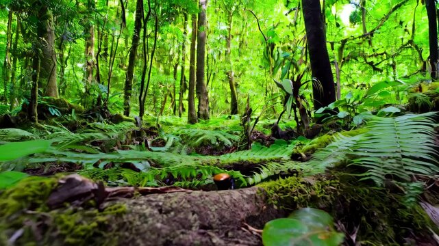 Colorful beetle crawls across a mossy log in a lush green rainforest environment, displaying its glossy shell and long antennae