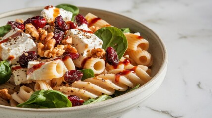 Rigatoni salad with feta and cranberries. The dish is in a bowl and consists of rigatoni al dente pasta, creamy feta cubes, dried cranberries in dough, fresh spinach leaves and crunchy walnuts.