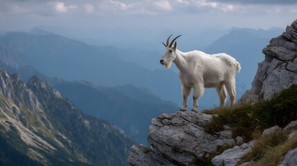 Obraz premium A stunning mountain goat stands proudly on a rocky peak, overlooking a vast mountain range.