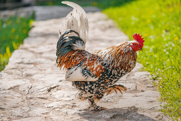 Rooster showcasing vibrant and colorful plumage while walking along a stone path on a sunny day at the farm