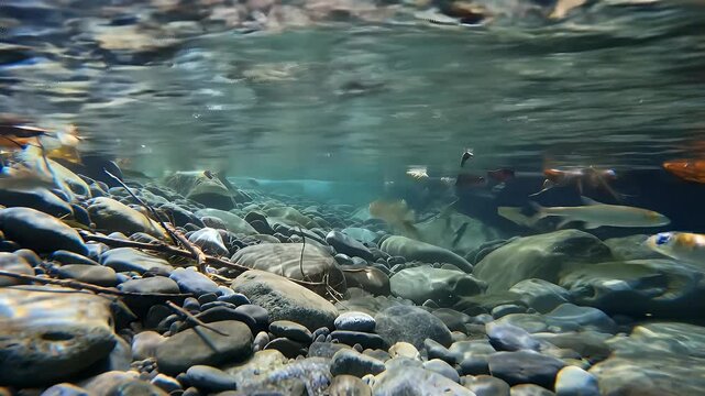 Freshwater Fish Swimming in Shallow Stream with Rocky Bottom