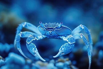 A vibrant blue crab, showcasing intricate details and a striking pose against a blurred blue background.