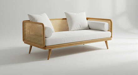 Elegant Wooden Frame Sofa With White Cushions Against A Neutral Background