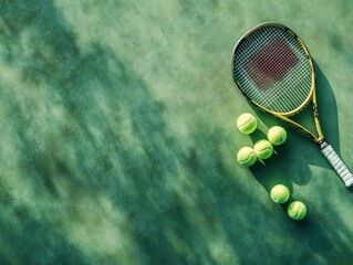 Tennis Racket and Balls on Green Surface