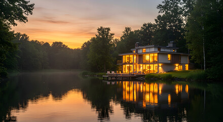 Obraz premium Lakeside Retreat Modern Architecture Reflecting In Still Waters At Twilight
