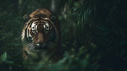 A mesmerizing portrait of a tiger, gazing forward amidst the lush green jungle scenery.