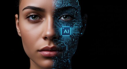 Close up woman face with artificial intelligence circuit pattern. Concept of ai and human integration. Digital transformation idea.