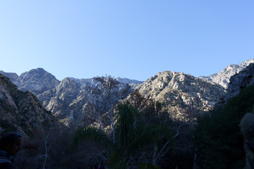 Granite peaks under a clear blue sky, framed by silhouetted trees.