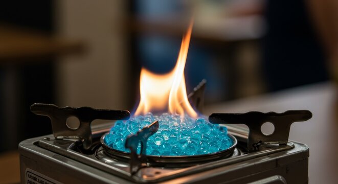 Portable gel fuel stove with vibrant blue gel fuel burning with bright flames