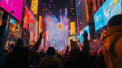 Fototapeta premium Celebration crowd at night, vibrant city lights, and confetti.