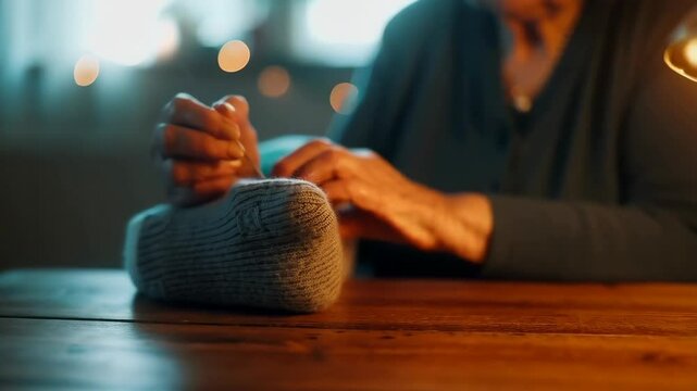 Senior woman's hands darning a gray wool sock on a wooden table, using a needle under the warm light of a lamp, in a cozy, domestic setting.