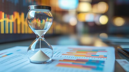 Hourglass on financial documents and charts; time management concept.