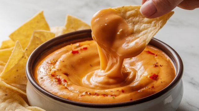 Mexican-style cream cheese sauce in a white ceramic bowl with crispy tortilla crumbs dipped in silky melted queso cheese.